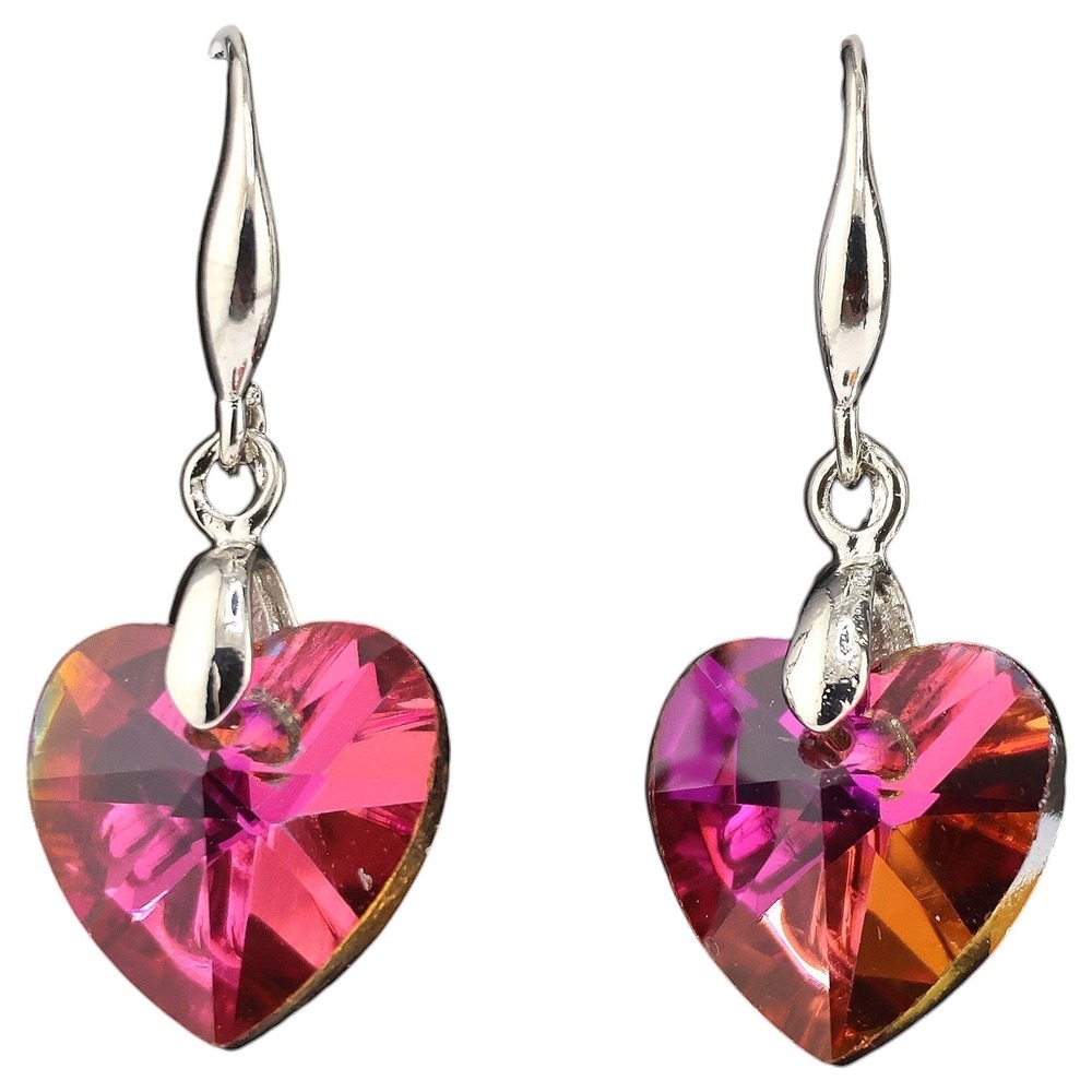 Swarovski Elements AB Heart Crystal Drop Earrings Pink Aurora Silver Tone New